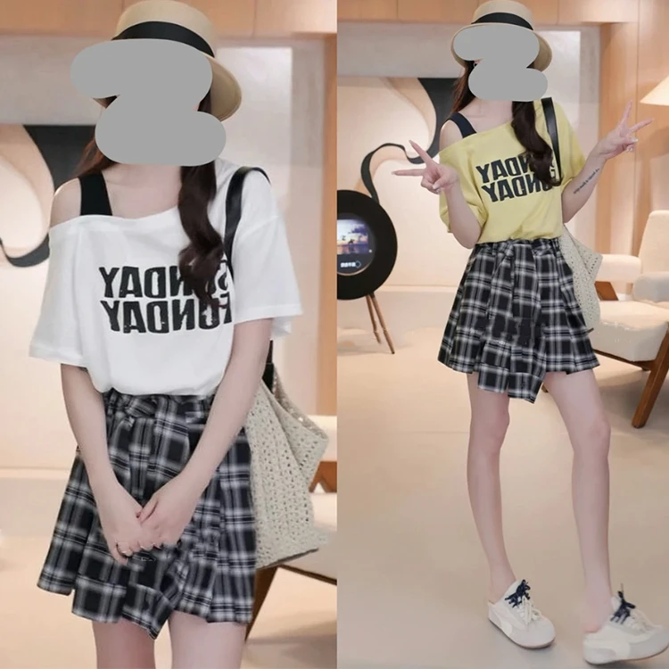 2025夏季韩版露肩字母印花短袖T恤上衣显瘦百搭格子半身裙套装女