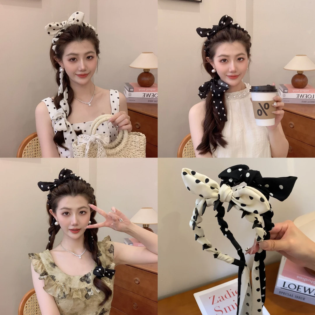 高级感黑白波点兔耳朵带齿发箍女复古日常外出头箍高颅顶蓬松发卡