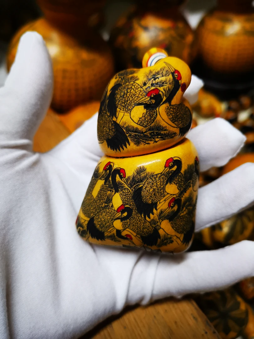 雅青阁葫芦手工针刺微雕墨刻钱袋异形葫芦松鹤图22只鹤文玩把玩