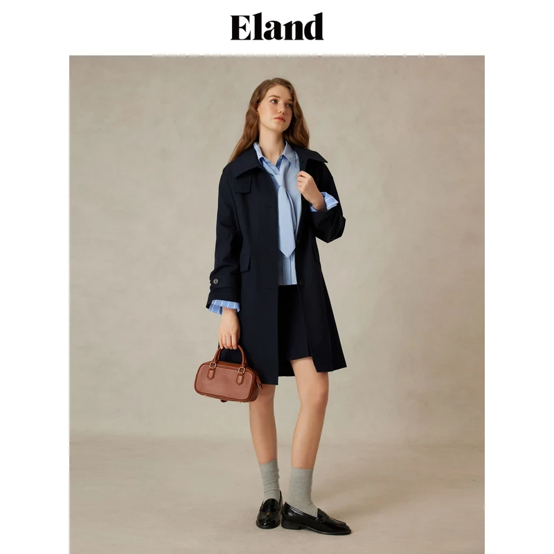 Eland衣恋风衣女单排扣宽松舒适中长款通勤外套25新款EEJTF12E01