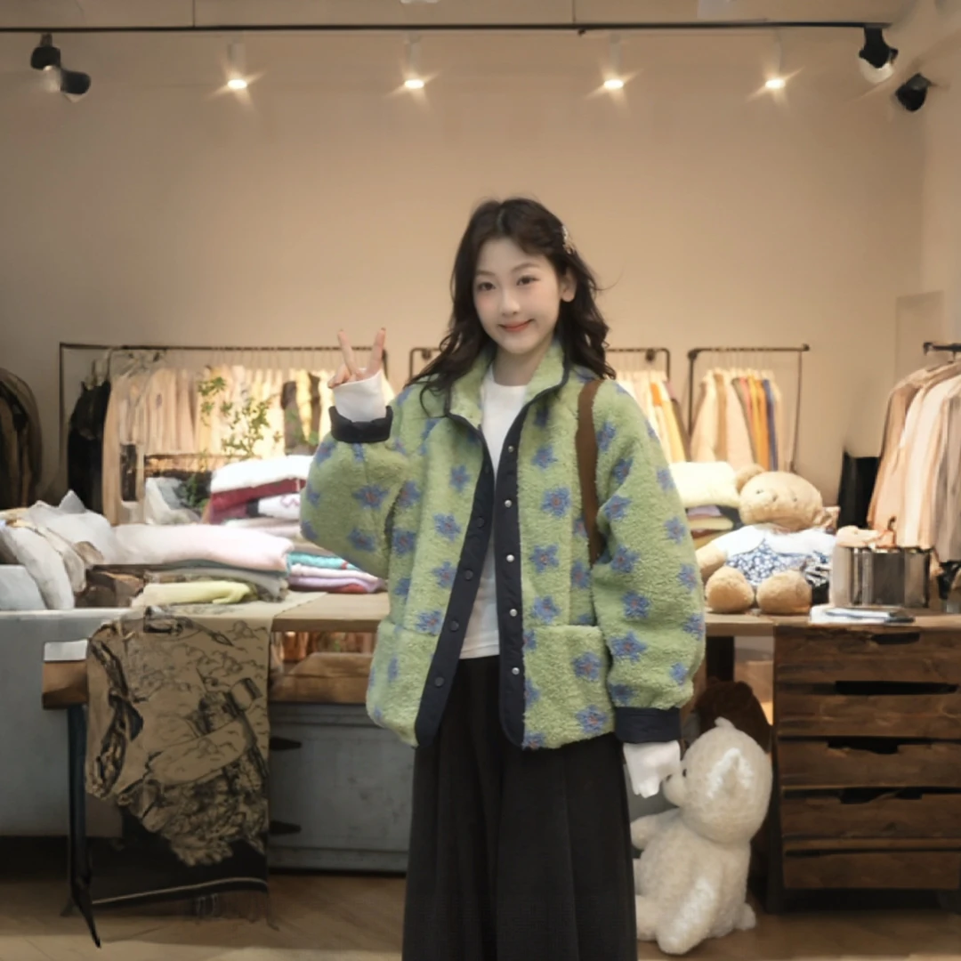 闵笑一【蓝花】新款温柔显瘦气质甜美设计感休闲上衣毛绒外套