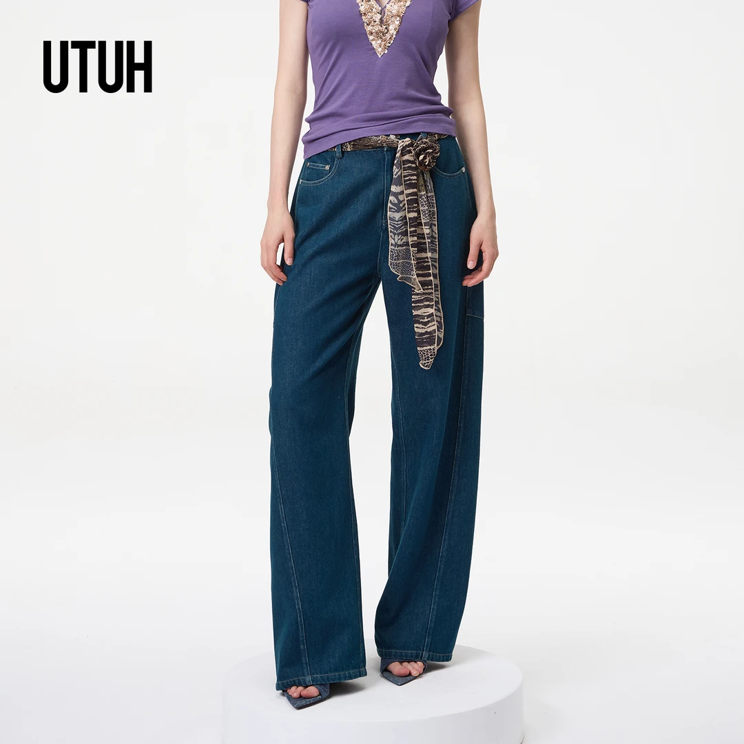 UTUH 牛仔蓝色显瘦直筒型弯刀牛仔裤女百搭神器配：腰带TLWWR2K186