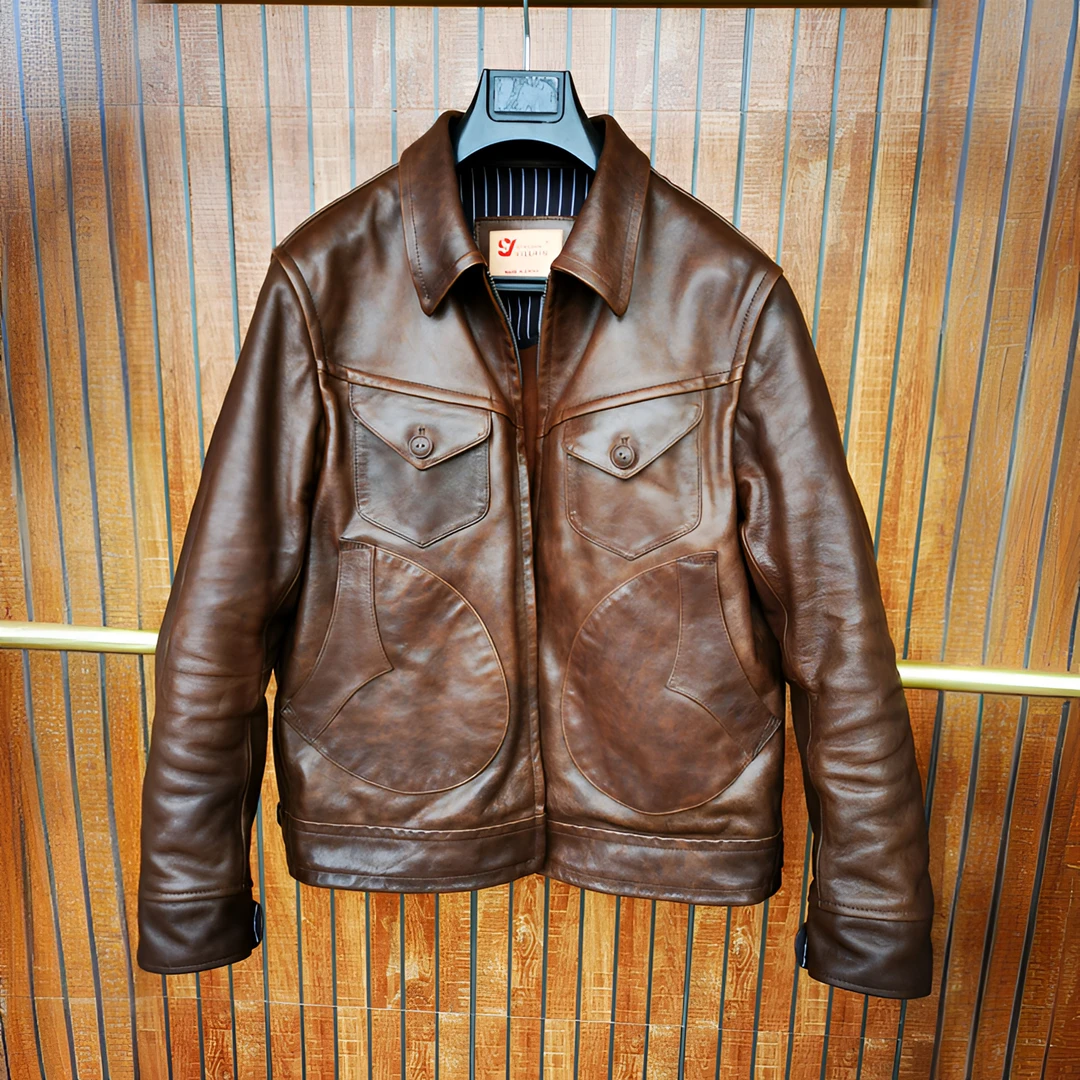 新品头层牛皮棕色无涂层水染无内衬美式复古农场主门多萨皮衣男