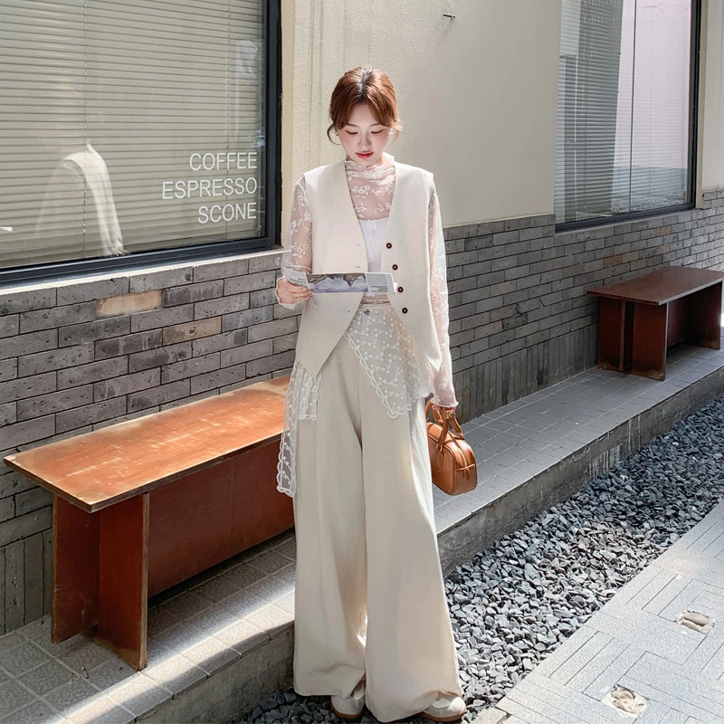 韩系老钱风马甲蕾丝打底阔腿裤套装2025春秋新款极简风穿搭三件套