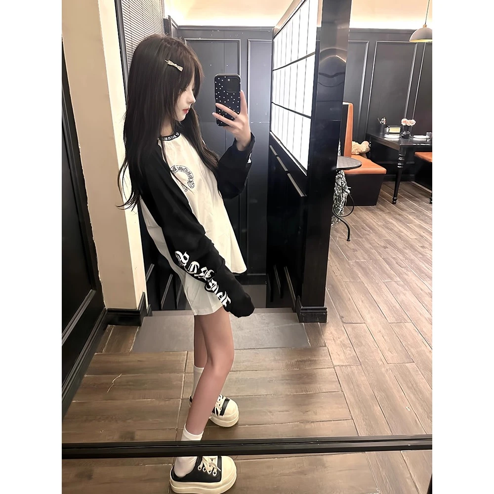 国潮牌克罗心梵文拼色插肩长袖t恤女秋季2025新款宽松打底衫上衣