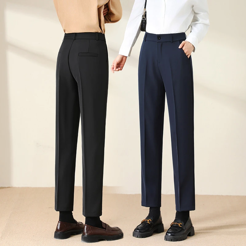 黑色西装裤女秋冬季加绒高腰小个子藏青色直筒职业九分裤烟管裤