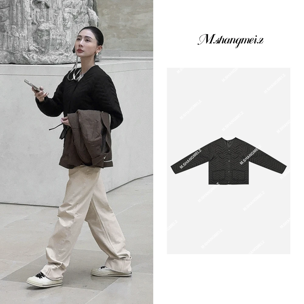 M.SHANGMEI.Z/沐熙【绗绣小袄】美大哥宽松时尚无领压格外套X111107