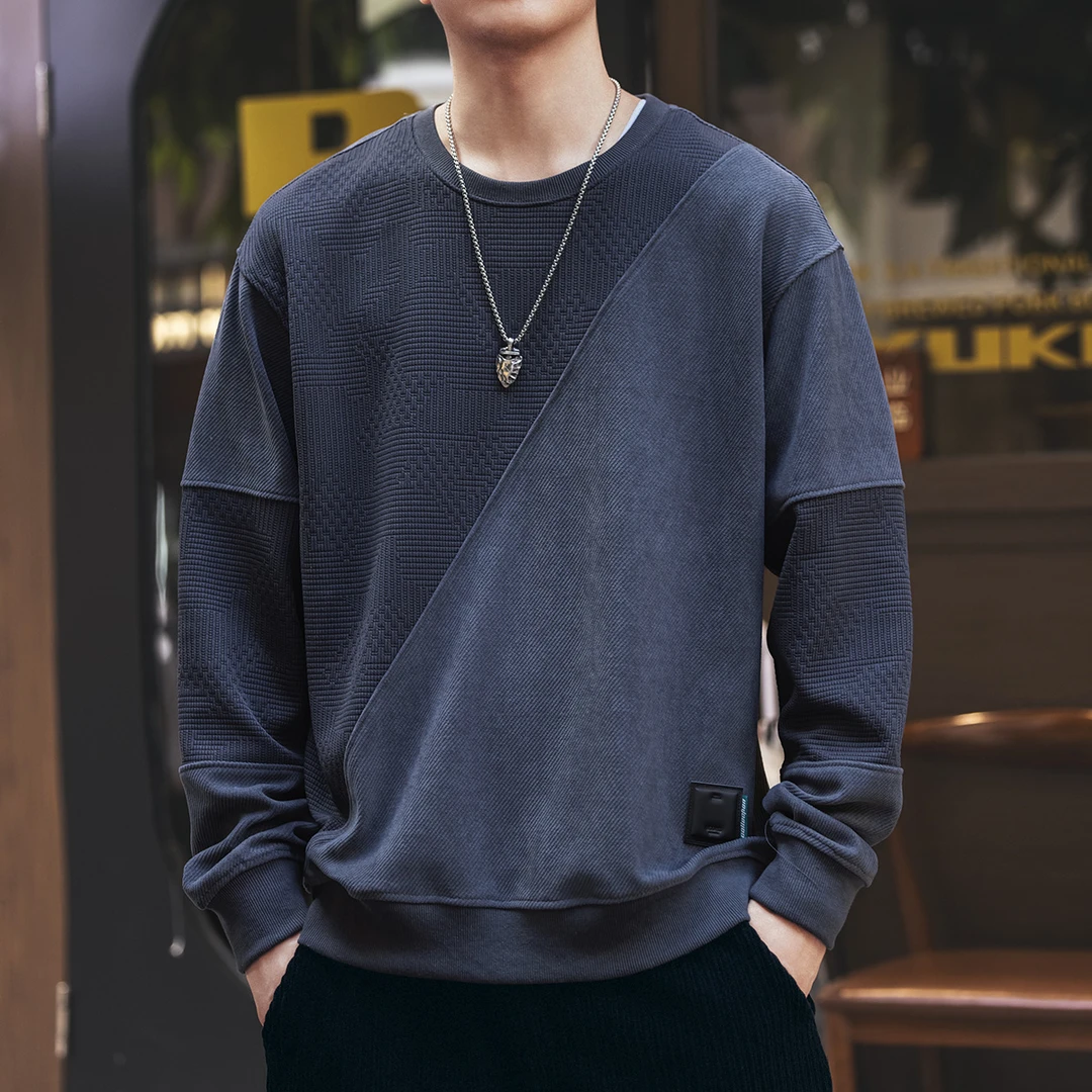 2025新款美式复古拼接长袖卫衣男2025春秋新款宽松灰蓝色上衣男