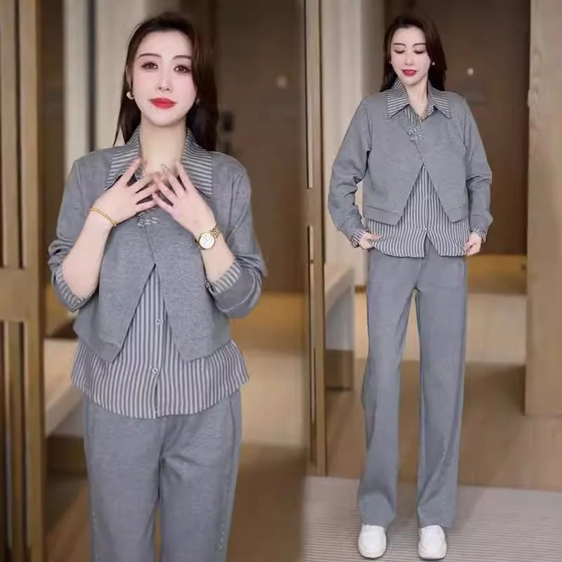 休闲套装女2025春季新款格子衬衫拼接假两件上衣裤子运动两件套潮