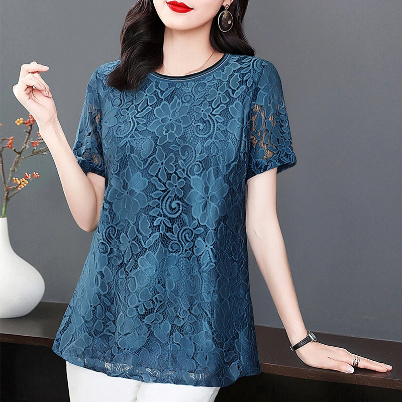 女士蕾丝衫2025新款大码夏季女装中长款宽松短袖上衣洋气漂亮小衫