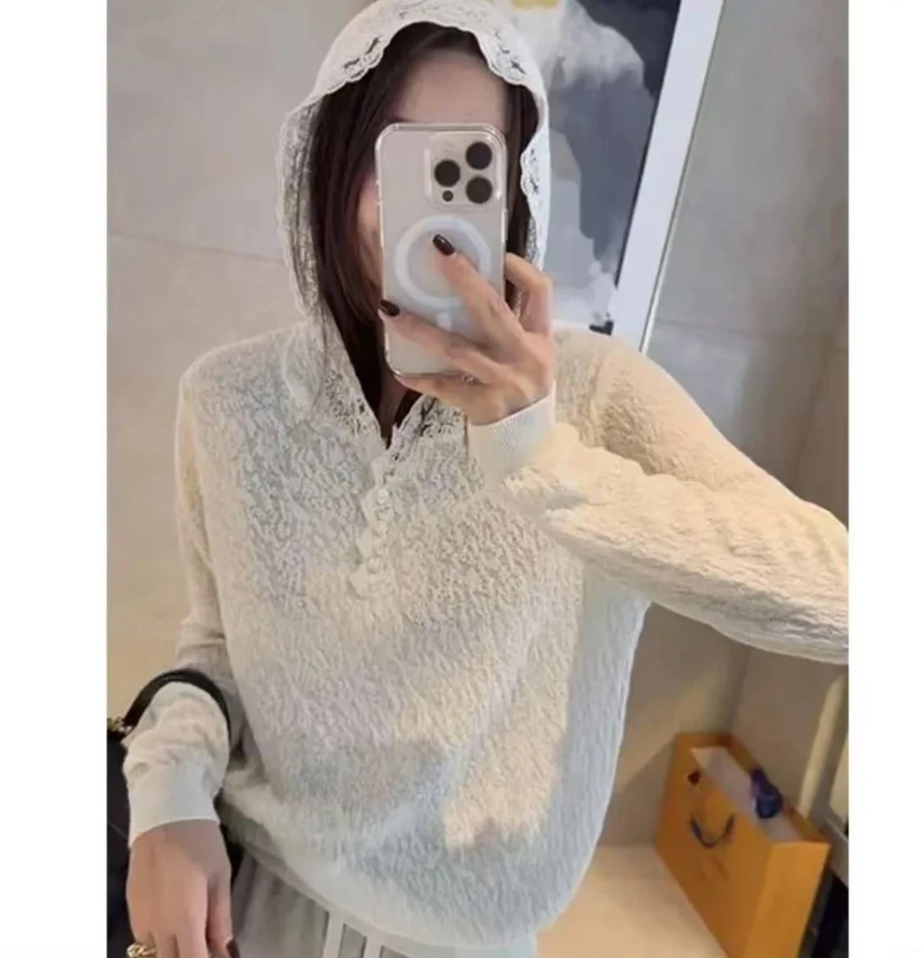 秋冬季新款羊毛混纺欧根纱蕾丝连帽时尚百搭针织套头衫女-6047