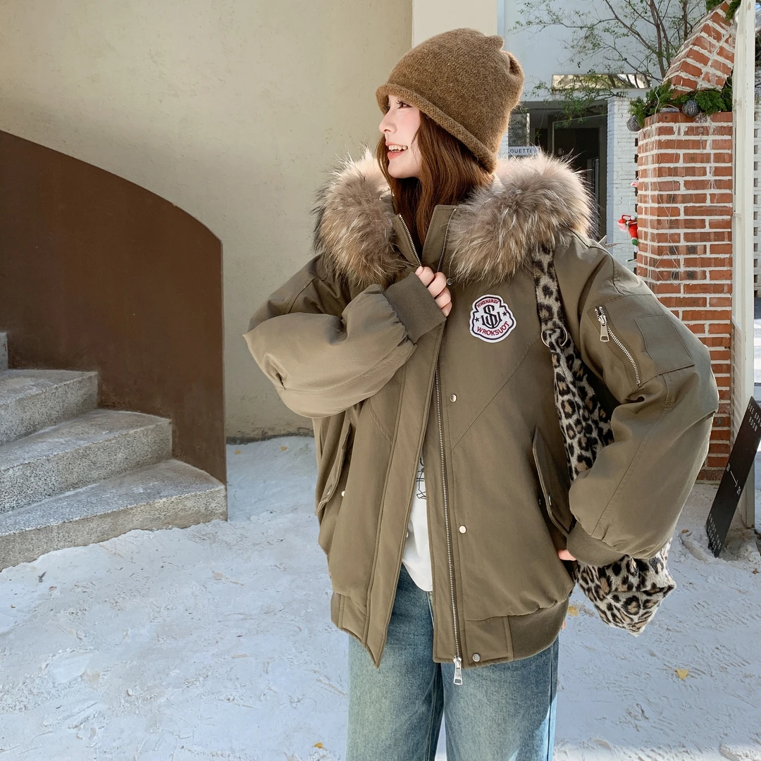 工装风大毛领90绒羽绒服女2025冬季新款时尚加厚派克服军绿色外套