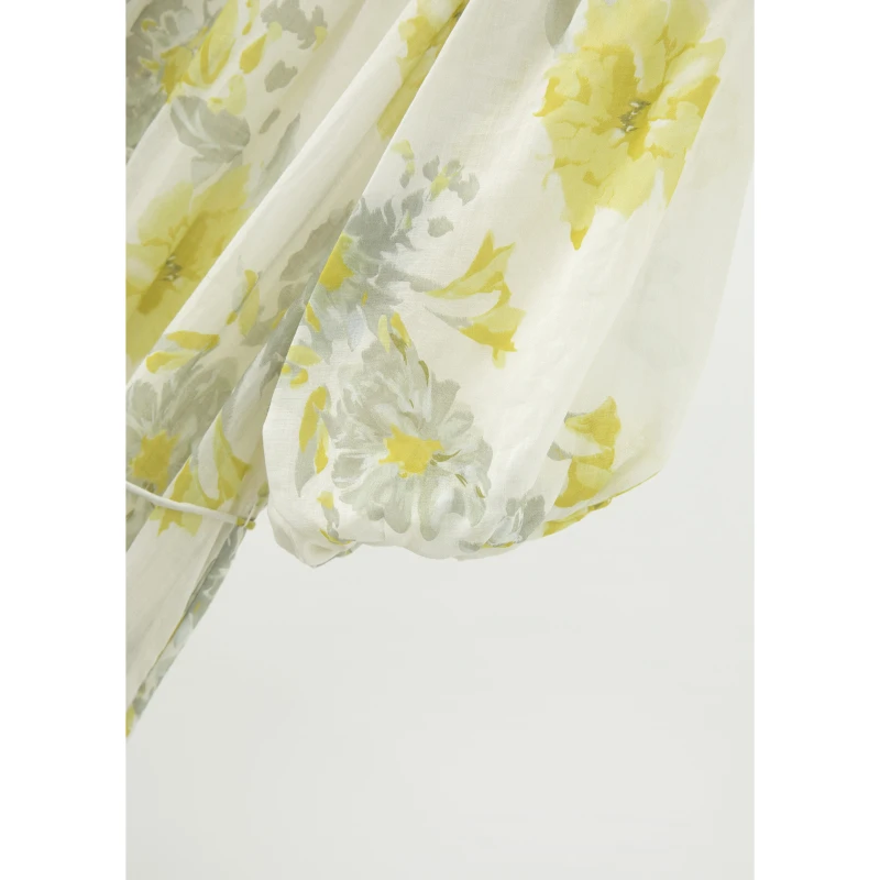 白黄印花苎麻圆领泡泡袖连衣裙DR4D2621