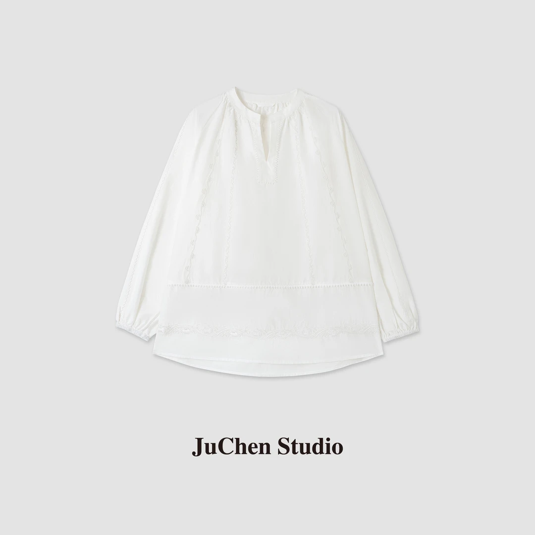 重工浮雕线绣解构重磅棉蚕丝法式仙女小衫宽松衬衫 SS033894