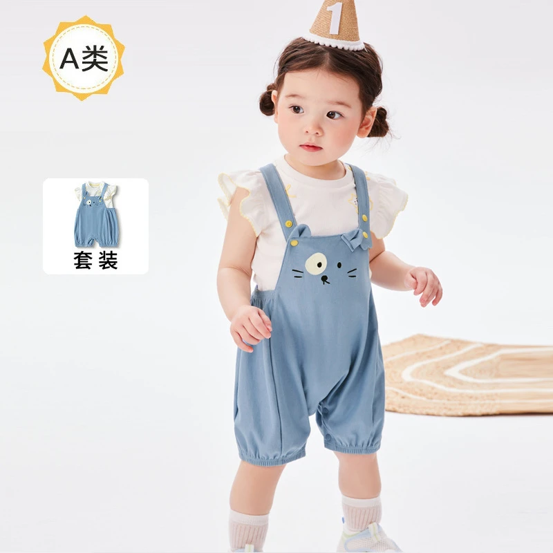 童装2025婴幼儿夏季套装男女小宝宝洋气短袖上衣背带裤两件套