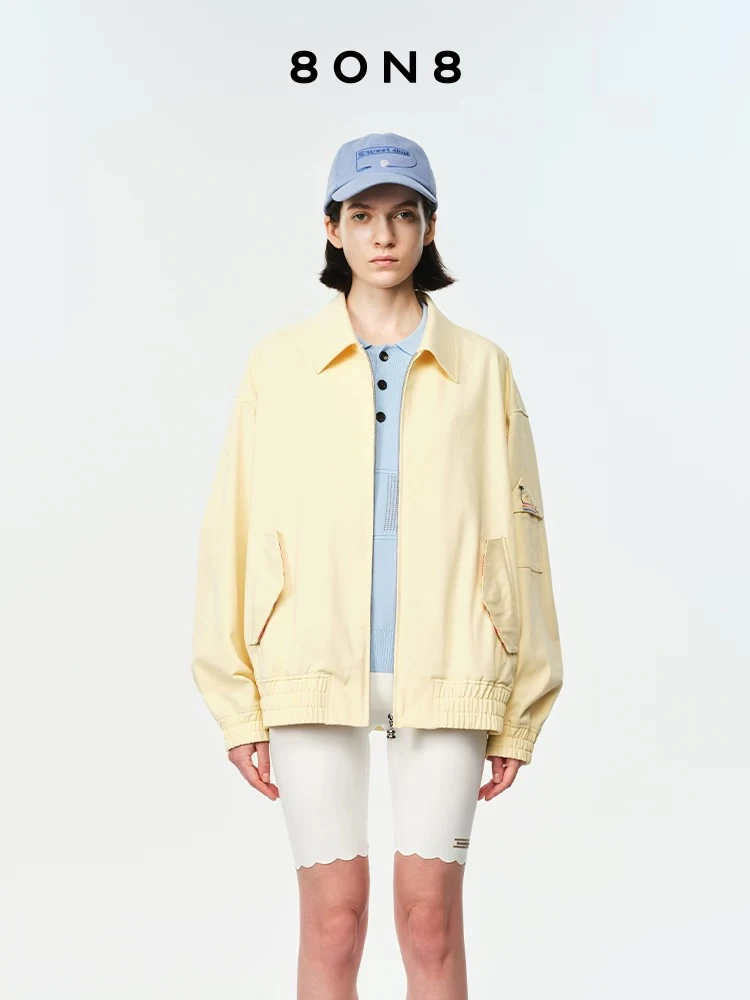 8ON8早春百搭复古纯棉工装夹克女款翻领拉链宽松外套上衣女简约
