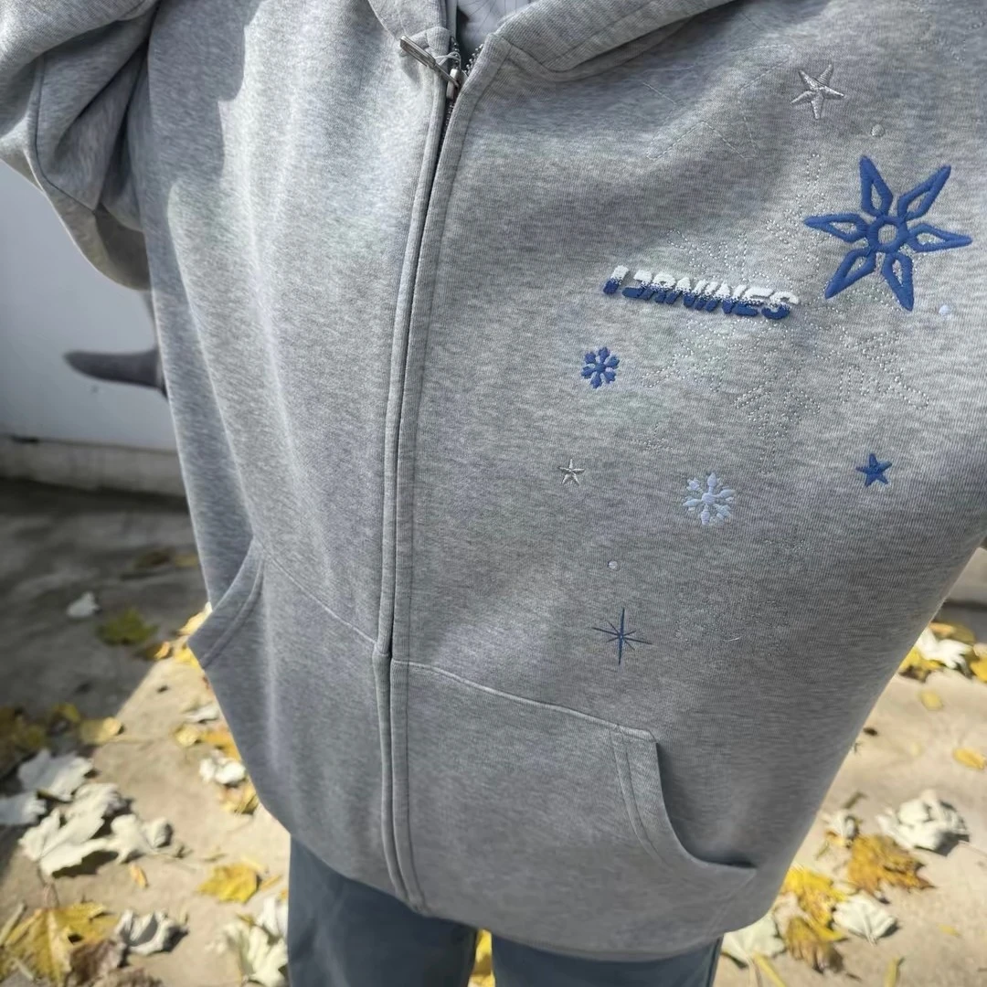 YWSNGUIN雪花刺绣重磅开衫卫衣款情侣连帽衫秋冬加绒加厚外套