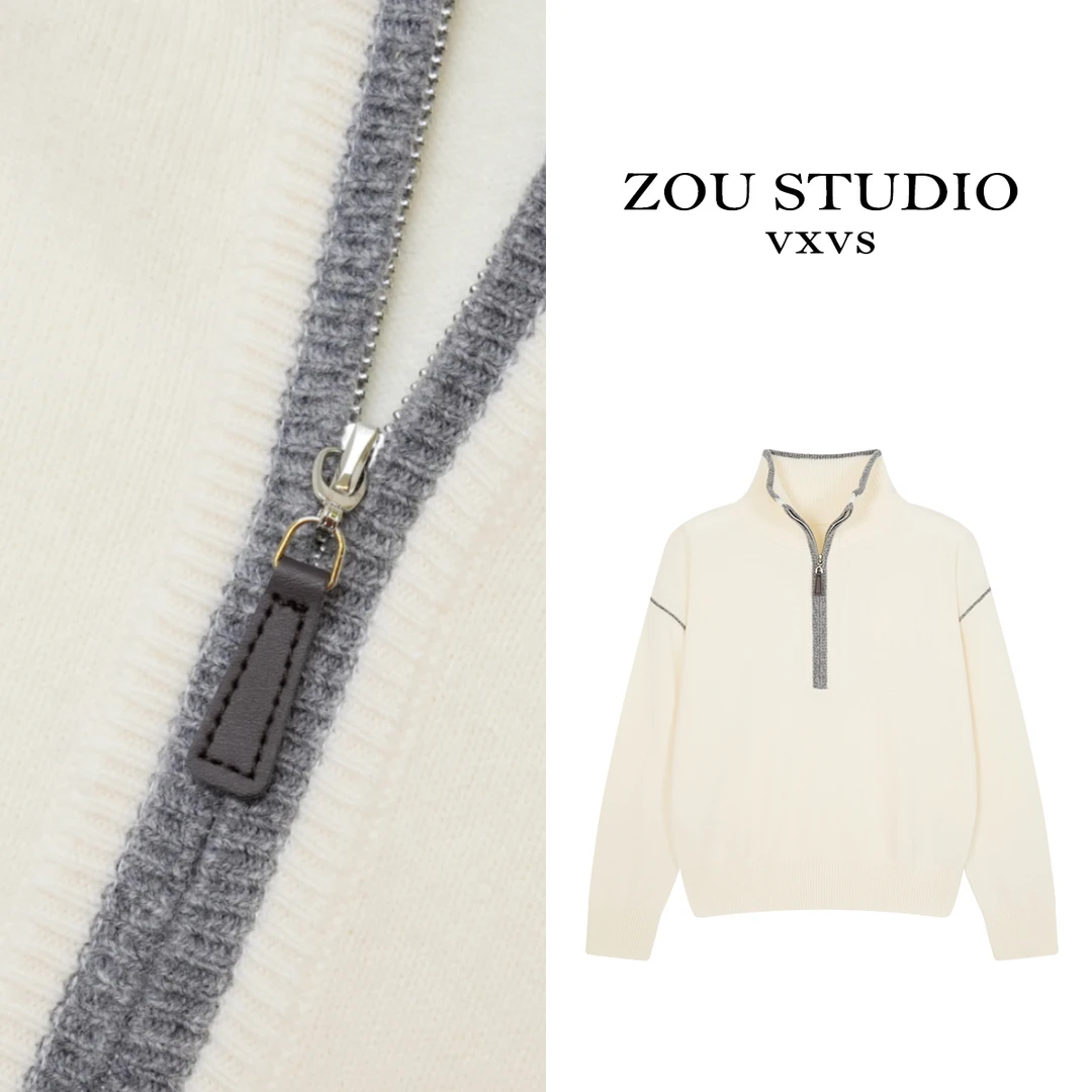 ZOU STUDIO VXVS 满分心动 100绵羊毛百搭半拉链毛衣4059