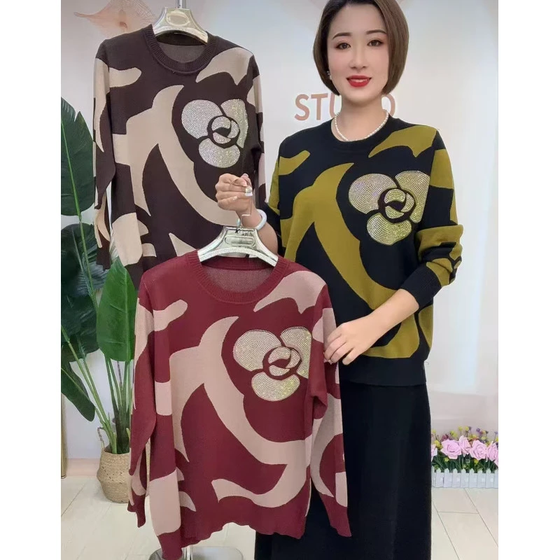 中年妈妈春秋款短款玫瑰花焦麻针织衫上衣打底衫宽松遮肚红色毛衣