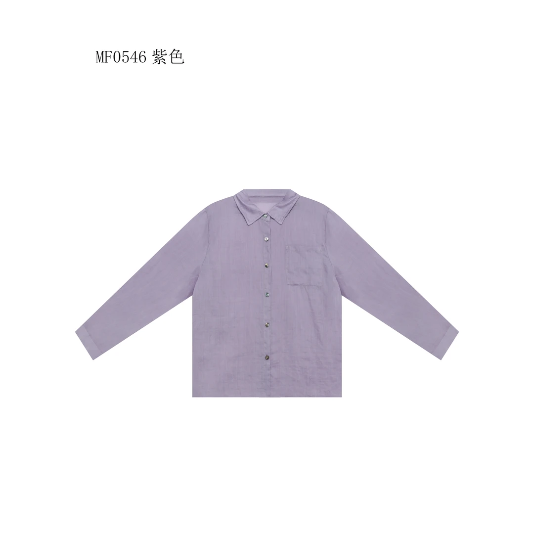 【麻訪家】MF0546紫色文艺简约口袋百搭衬衫长袖上衣