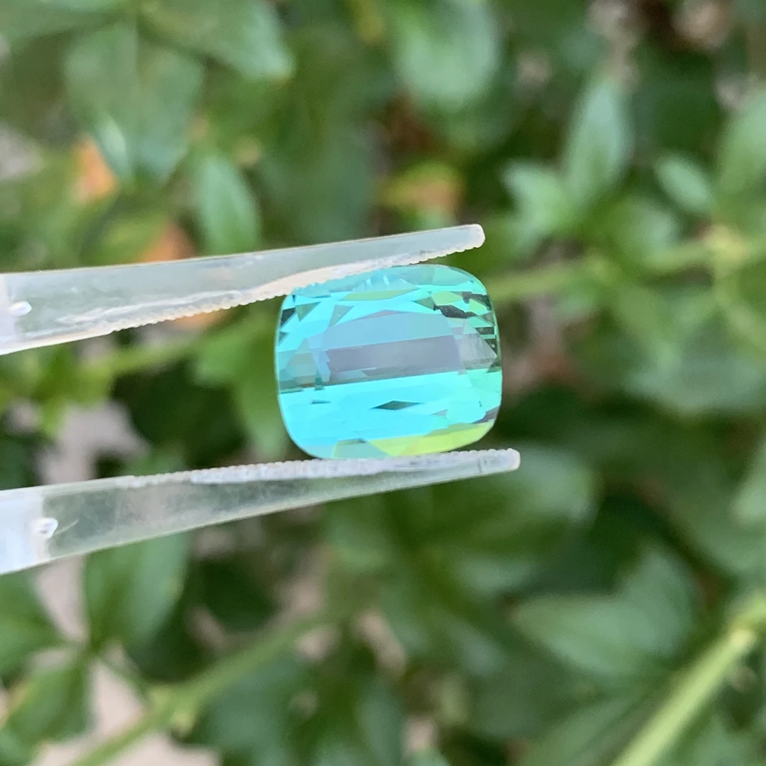 拉贡碧玺4.3ct湖水蓝绿方枕形干净玻璃体吉尔德国际证书定制镶嵌