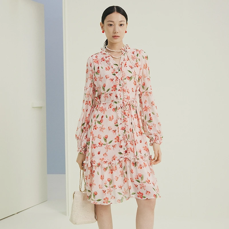 FS优雅荷叶领桑蚕丝印花长袖连衣裙女25夏新款4571A