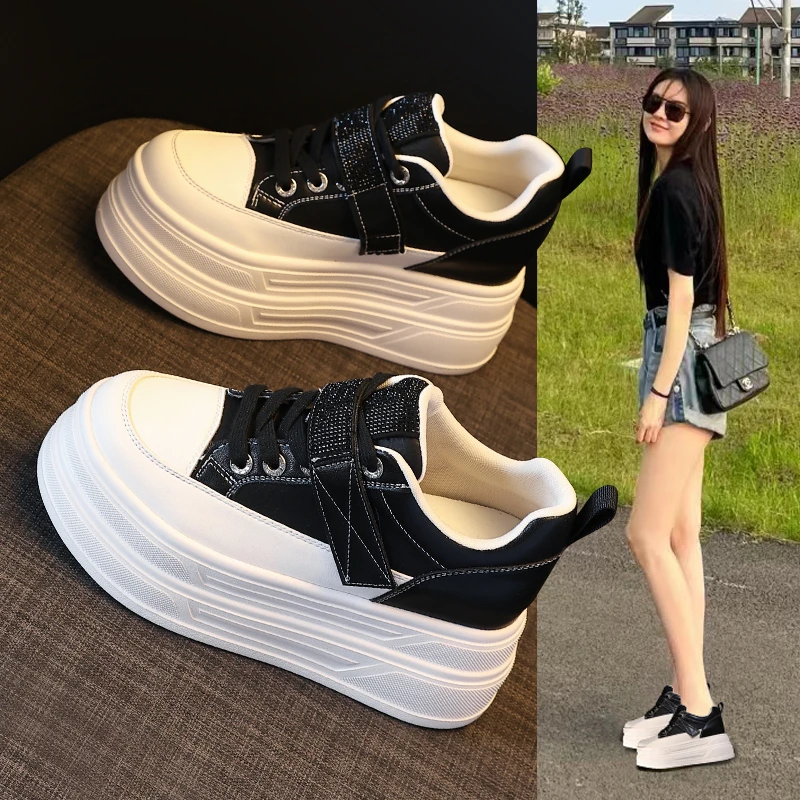 水钻厚底小白鞋女内增高2025新款秋百搭休闲板鞋小个子显高松糕鞋