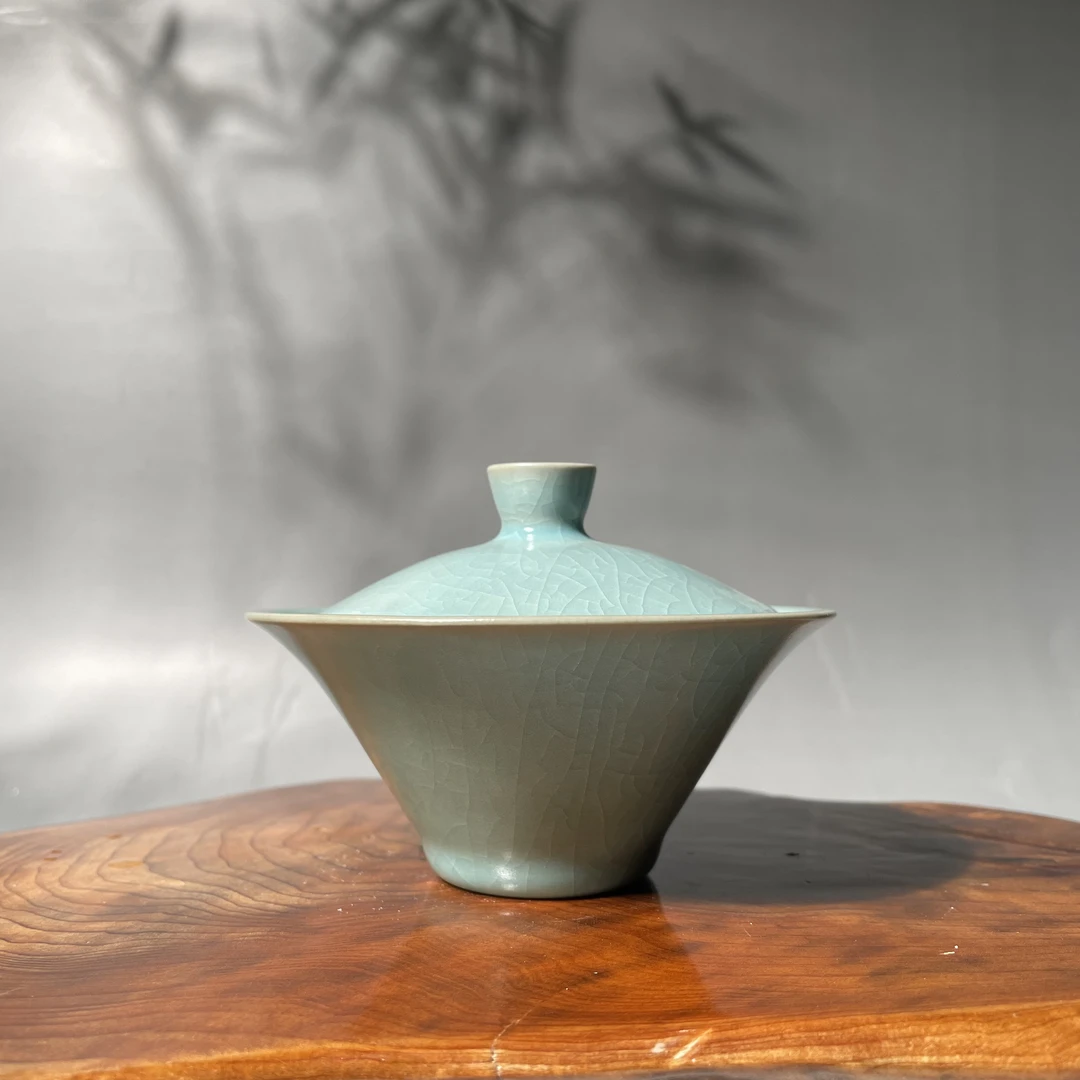 青瓷天青手工斗笠两才盖碗纯手工泡茶碗复古陶瓷茶具90ml汝瓷盖碗