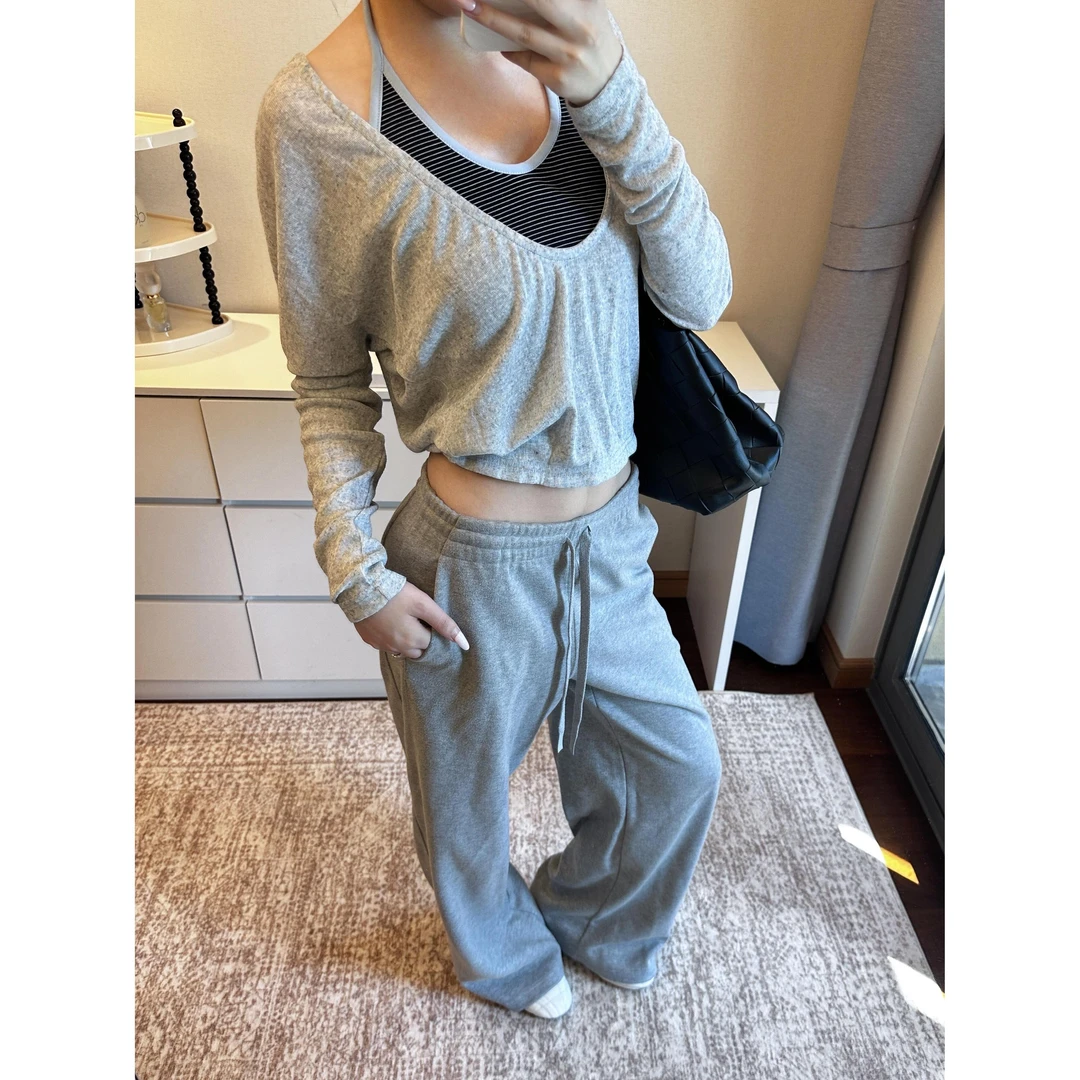 美式复古v领长袖睡衣女款秋季新款修身纯欲风挂脖吊带家居服套装