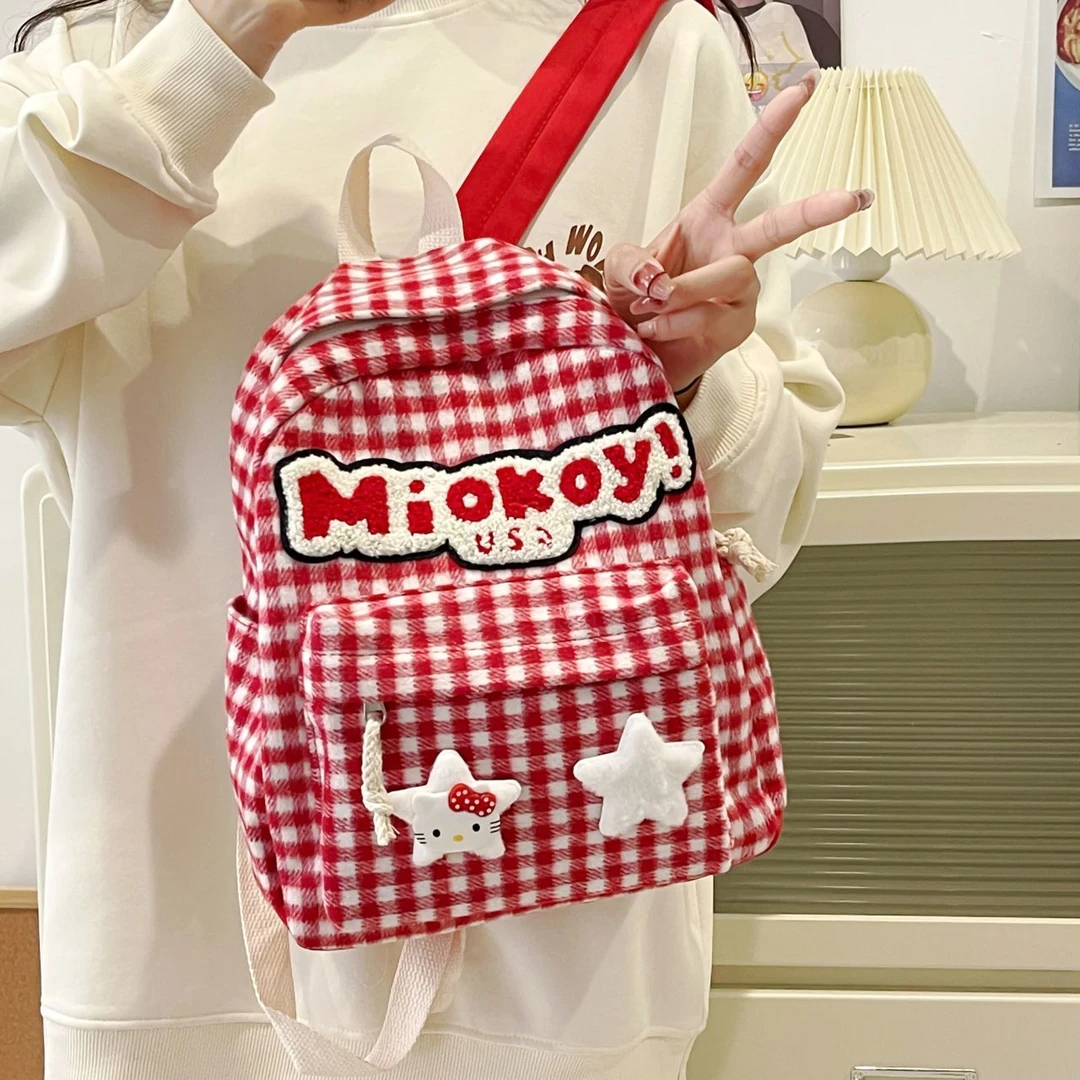 复古双肩包设计感小众女生大学生格子背包红色ins书包可爱包包LW