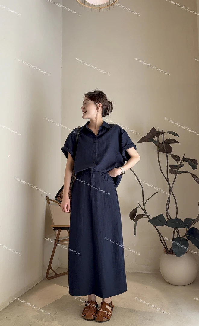 XIAOMEI ｜老钱风藏蓝色短袖衬衫+直筒半身裙两件套套装-5273