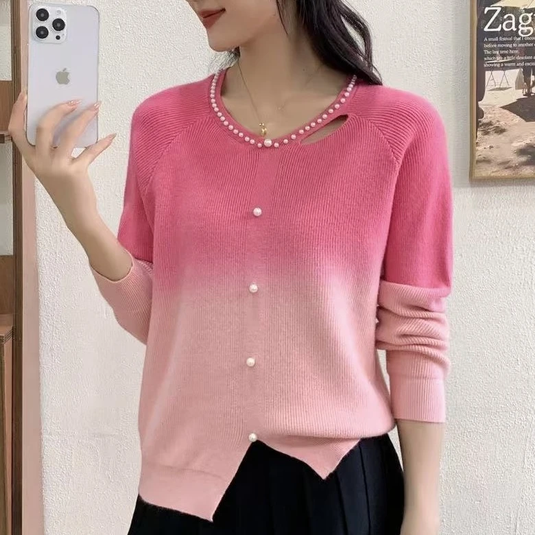 春季针织渐变色珍珠圆领口水滴镂空女装套头毛衣