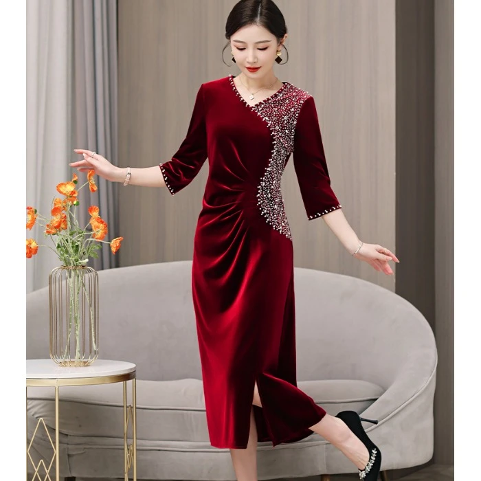 喜妈妈婚宴装晚礼服女高级感秋冬金丝绒喜婆婆婚礼喜服高贵年轻