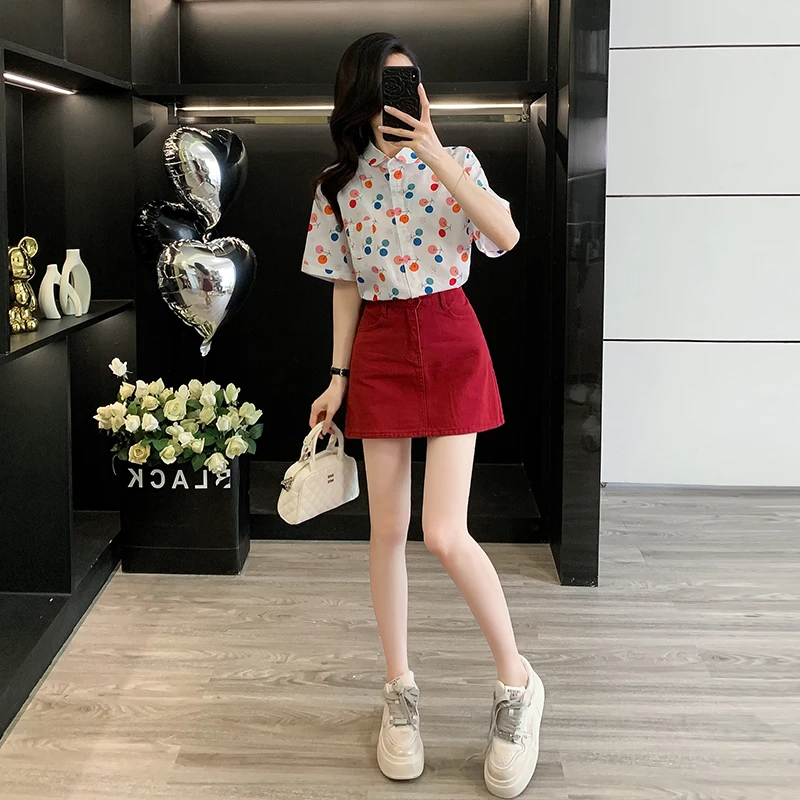 夏季新款甜美上衣宽松衬衫半袖衬衣酒红色牛仔半身裙a字包臀短裙