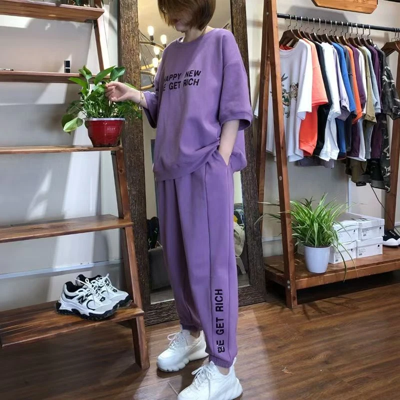 休闲运动服套装女2025夏季新款宽松大码小个子洋气短袖长裤两件套