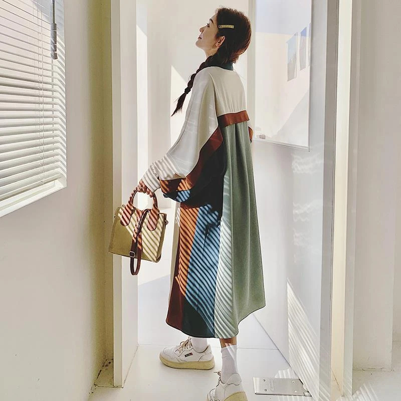 法式雪纺拼接长袖衬衫连衣裙女春装2025年新款高级设计感休闲长裙