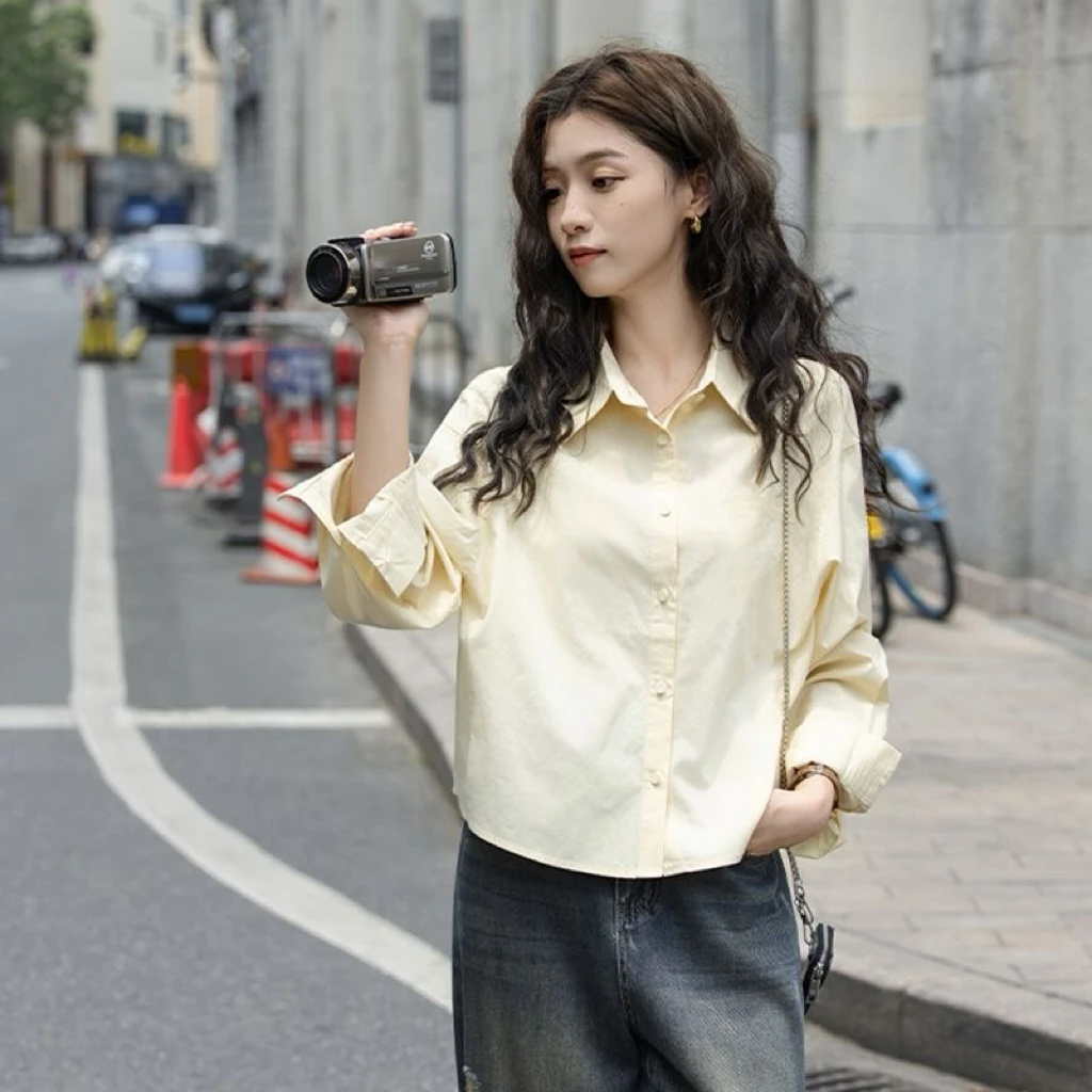 纯棉小个子韩版短款女装长袖衬衫女士时尚衬衣百搭上衣
