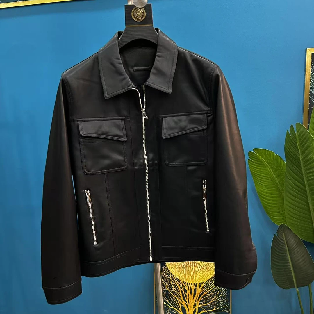 纯色翻领男士皮衣翻领男春秋轻奢软面皮衣-308