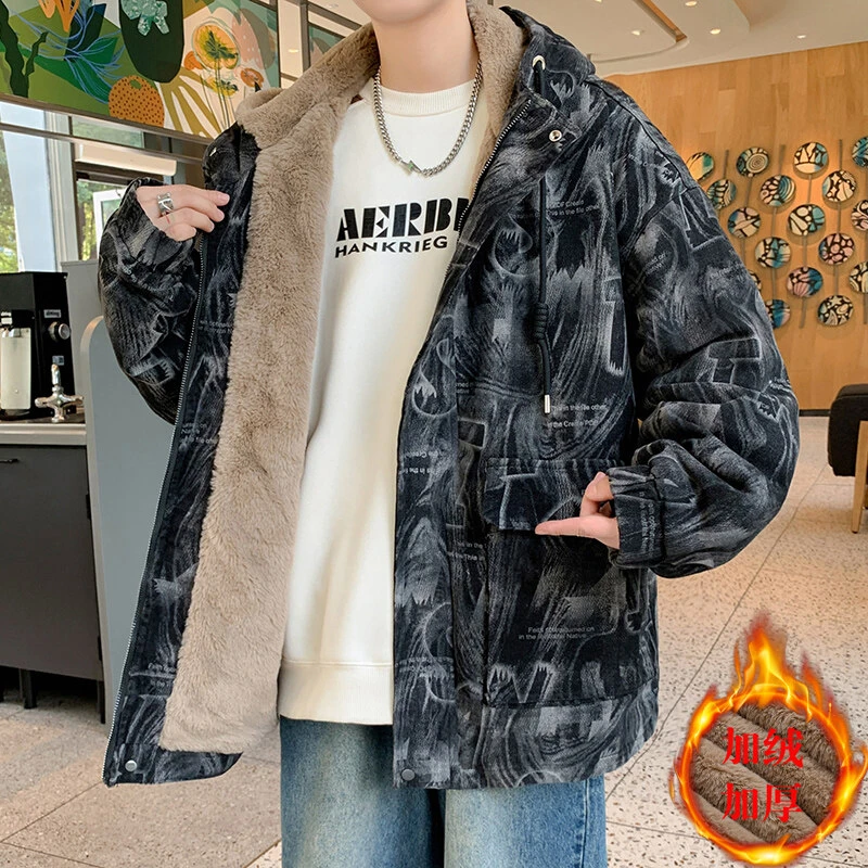 2024冬季新款加绒加厚棉服男士宽松牛仔帅气保暖棉袄潮流连帽外套
