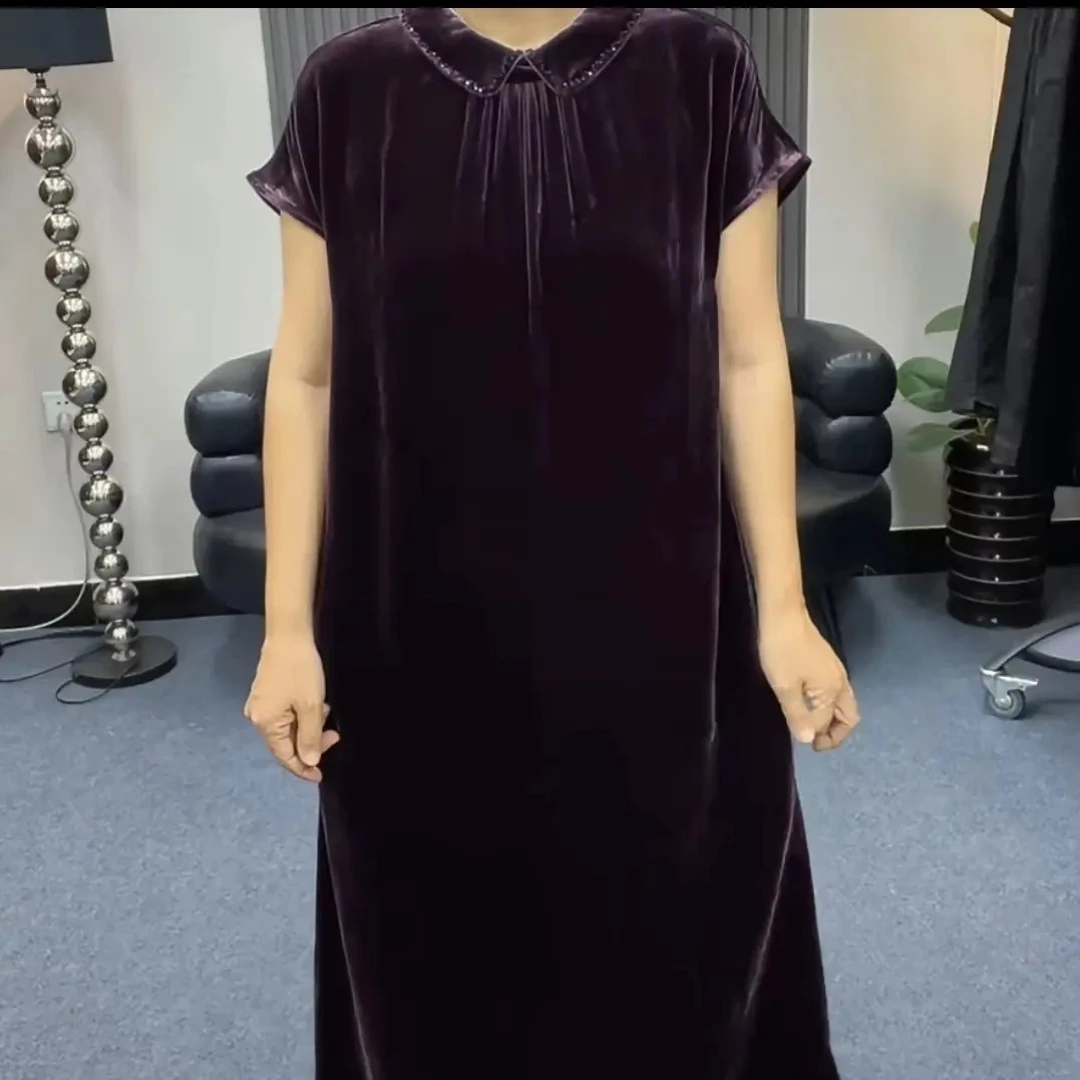 新款春夏桑蚕丝植绒娃娃领法式轻奢名媛真丝绒连衣裙