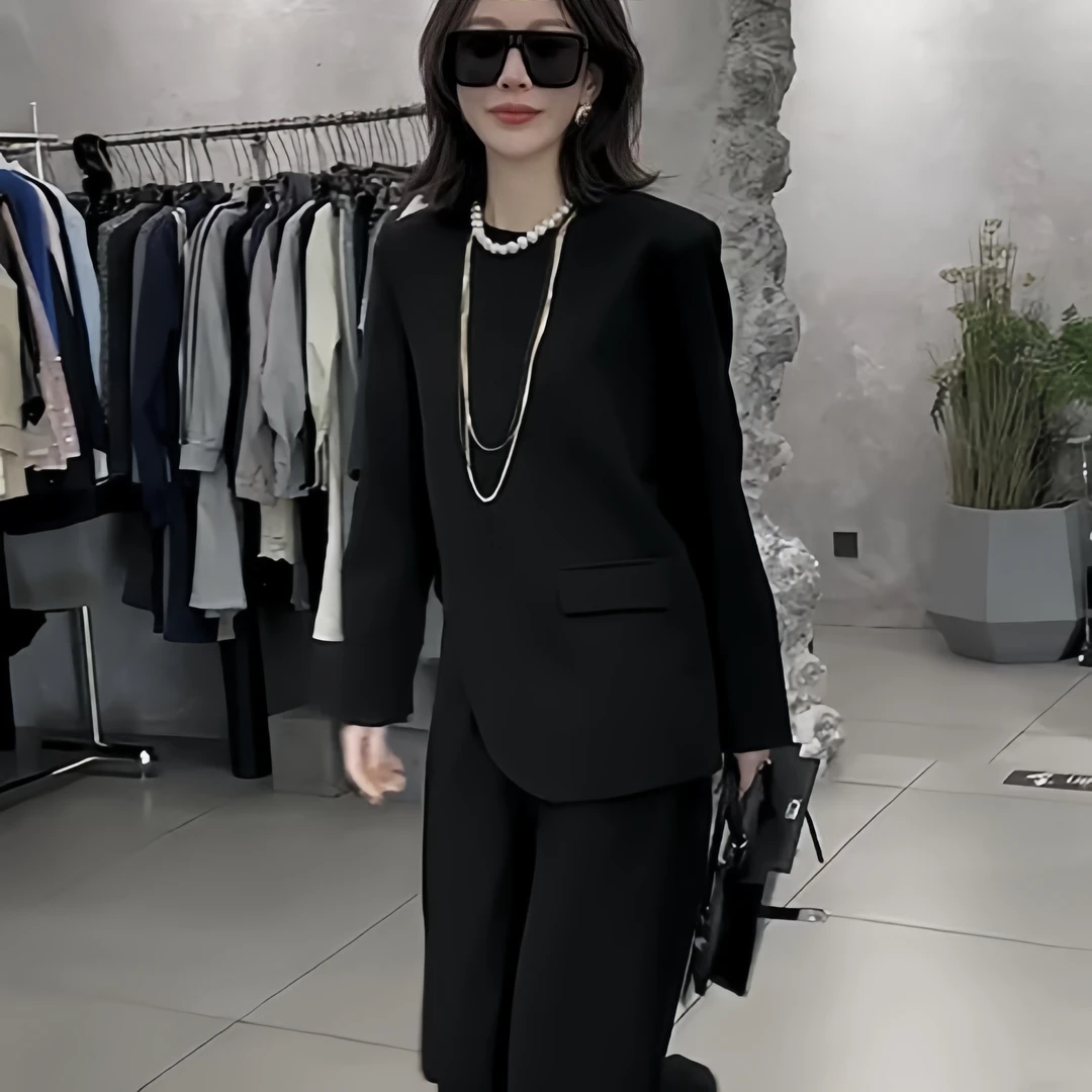 韩版秋款显瘦气质设计感西装长裤套装西服设计师宽松小众黑色网红
