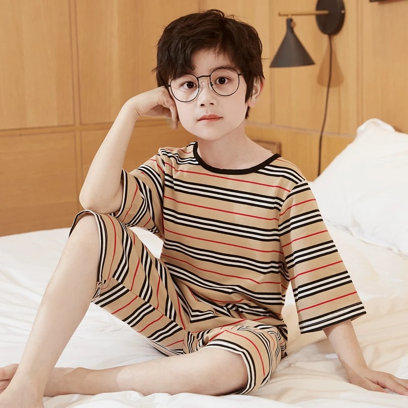 男童睡衣夏季薄款空调服儿童夏装中大童条纹短袖家居服套装男孩