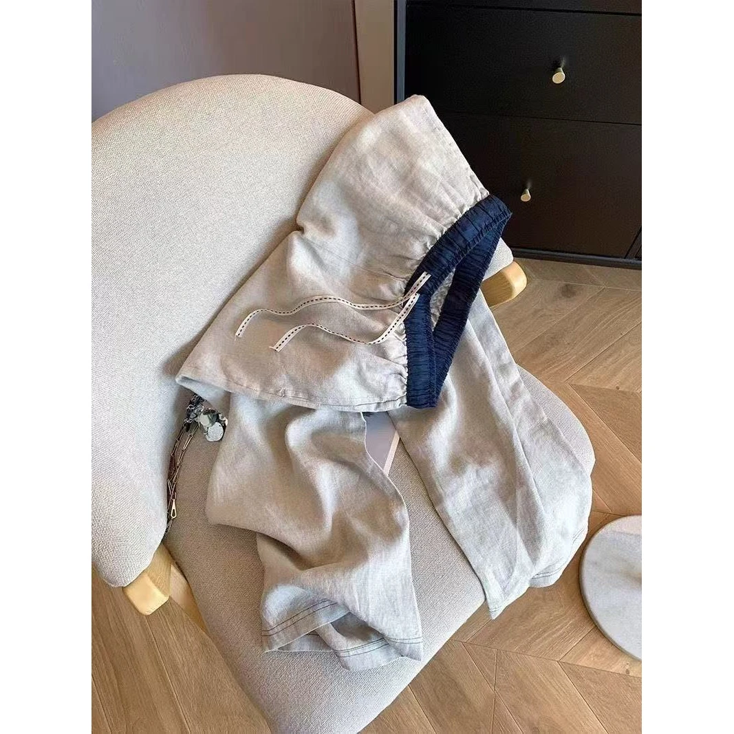 浅灰色棉麻松紧腰直筒休闲裤女2025夏季小个子显瘦阔腿裤高腰薄款