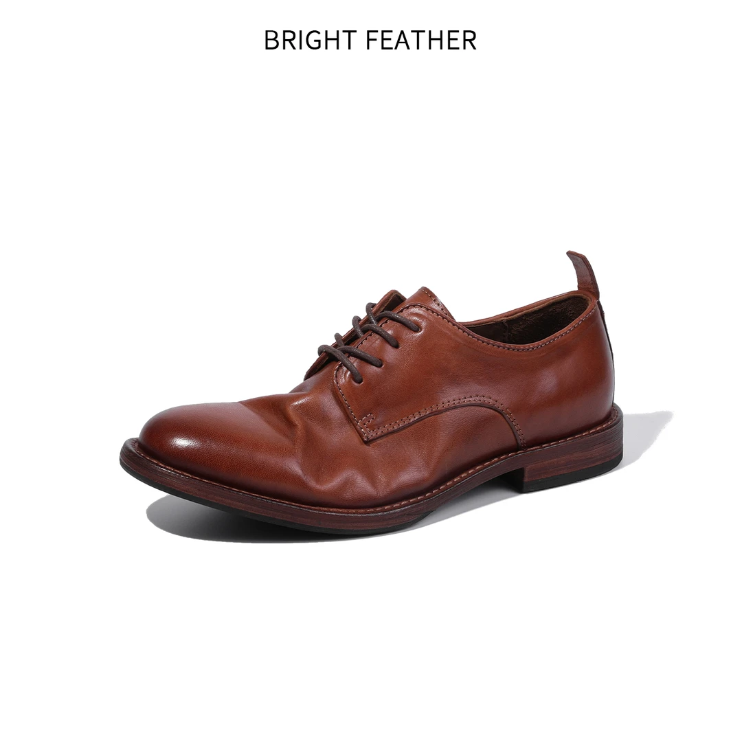 BRIGHT FEATHER植鞣马皮水洗男士尖头正装皮鞋低帮系带商务皮鞋男