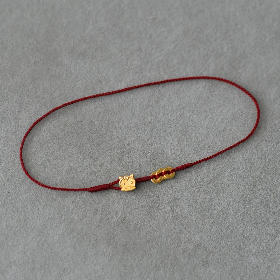 足金999生肖马黄金平安扣本命年手工编绳马年红绳简约风原创设计