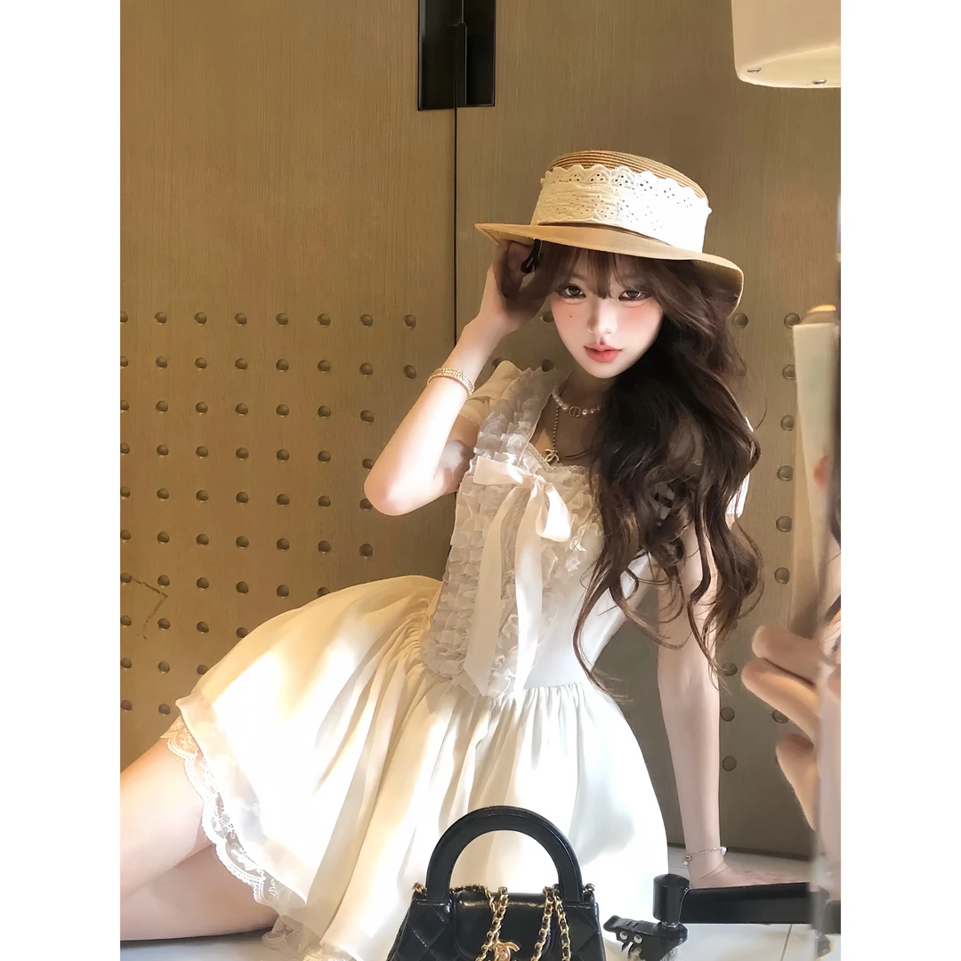 芭蕾若梦 夏季新款纯欲风甜美可爱花边古典连衣裙浪漫拼纱柔纱裙