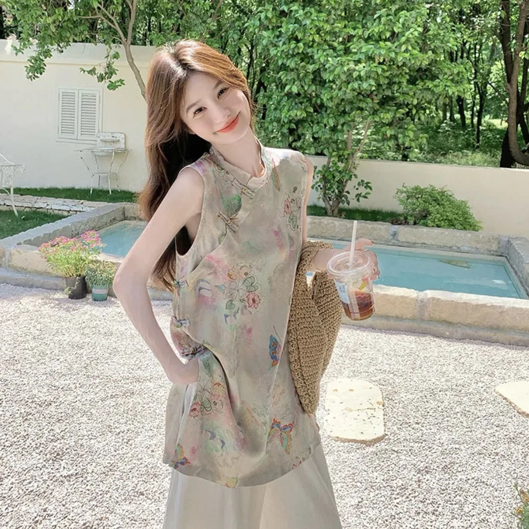 【柔雾】2025新中式盘扣水墨印花夏季新款无袖上衣国风设计感小衫潮