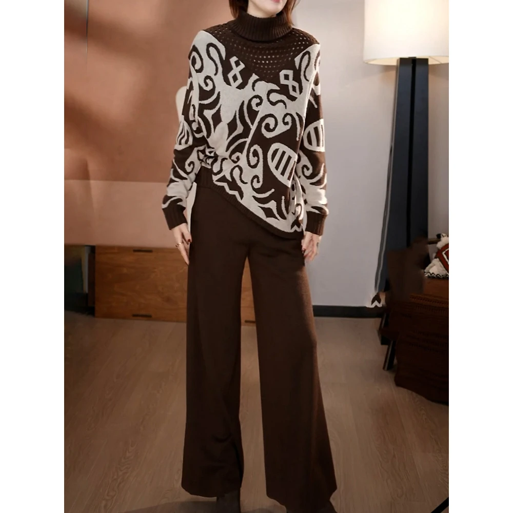 高级感时尚洋气套装2025秋冬新款半高领印花镂空针织衫+休闲长裤