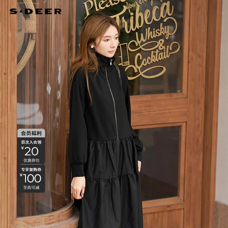 圣迪奥女装秋冬季黑色出游服装女雅丹风裙子时尚知性风衣服