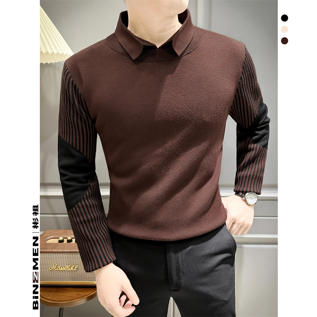 复古红假两件针织衫男士内搭打底毛衣男款上衣秋冬款衬衫领休闲装